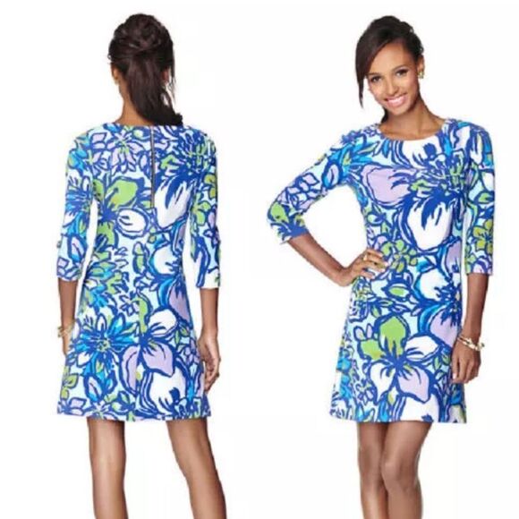 Lilly Pulitzer Charlene Dress Spectrum Blue Lilac Floral Print Small 3/4 Sleeve - Picture 1 of 5